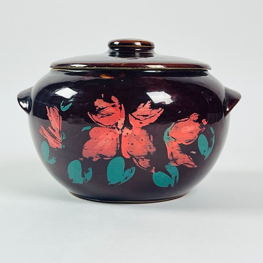Vintage Ceramic Bean Pot With Lid & Handles Painted Floral Design USA